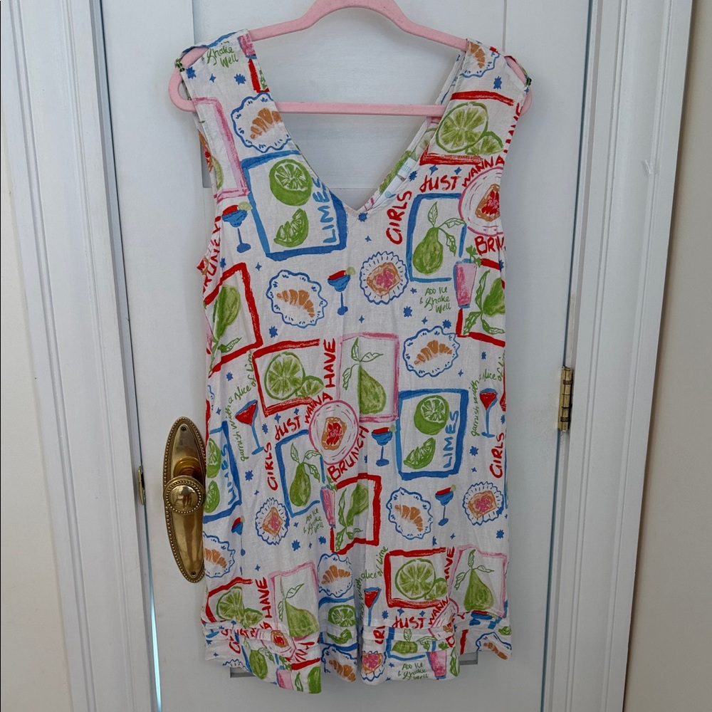 Linen Sleeveless V-Neck Fruit Print Dress - Lime & Multi